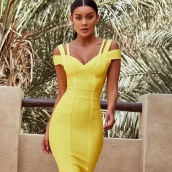 House of CB Dresses & Skirts - House Of CB London Neon Yellow Bodycon Bandage Cocktail Dress Size XS